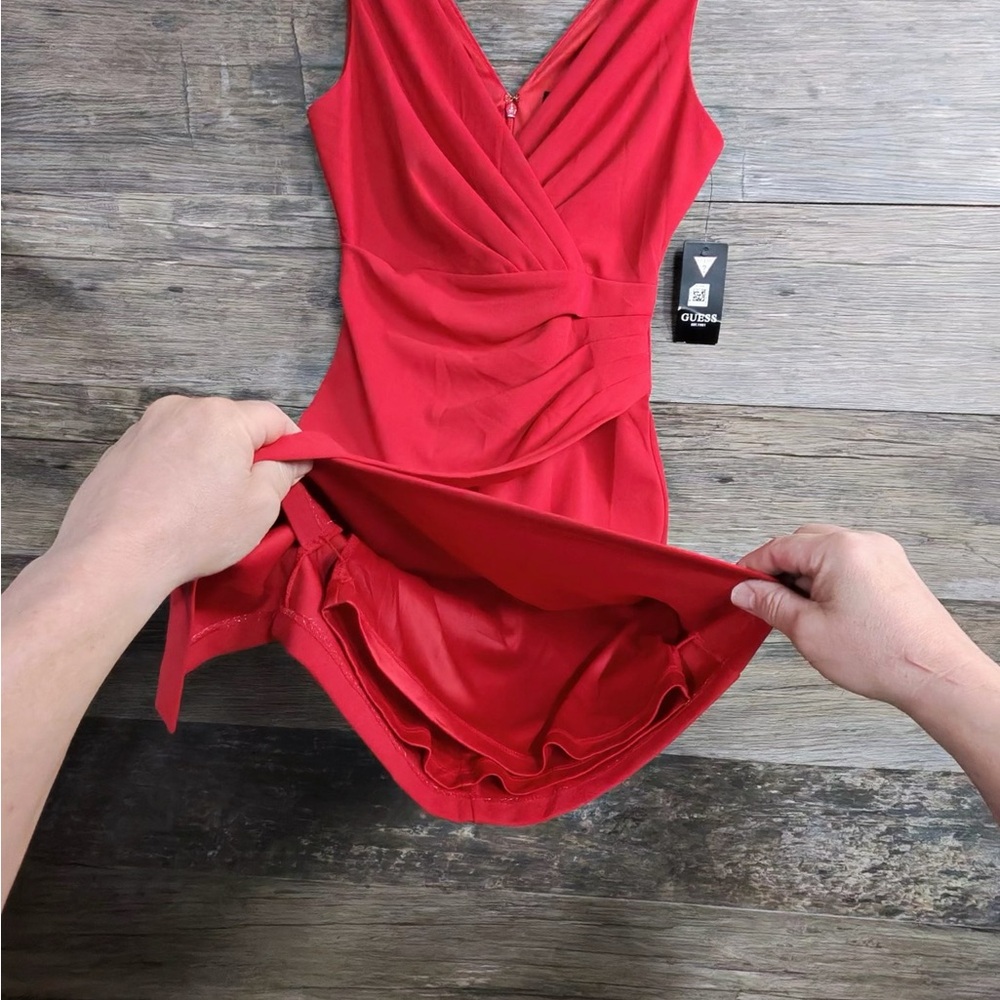 GUESS Red Draped V-Neck Midi Dress - Picture 9 of 13